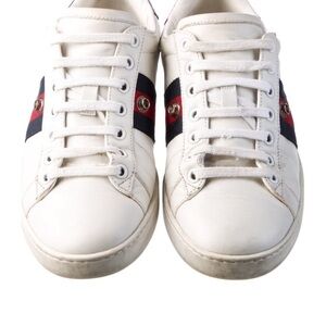 Gucci Men's White Sneakers with Navy and Red Accents